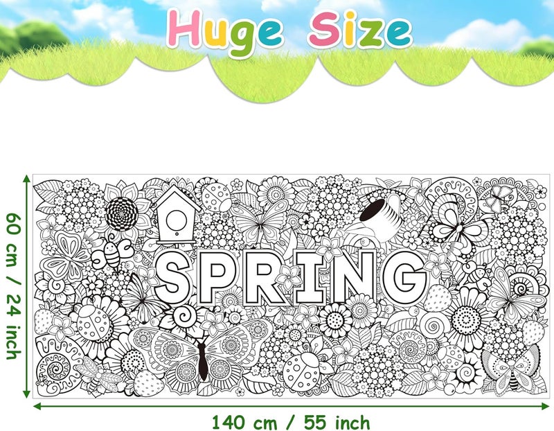 Dvbonike Jumbo Spring Mandala Coloring Poster Giant Flower Butterfly Color-in Paper Poster DIY Drawing Blank Doodle Art Banner 55 x 24 inch Decoration, Home School Activity Party Supplies for Kids - Image 2